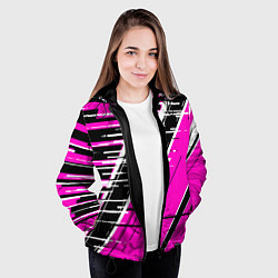 Куртка с капюшоном женская Чёрно-белые глитч полосы на розовом фоне, цвет: 3D-черный — фото 2