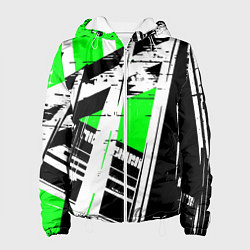 Женская куртка Чёрно-белые абстрактные линии на зелёном фоне