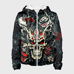 Женская куртка Маска Хання на черепе самурая на фоне духов