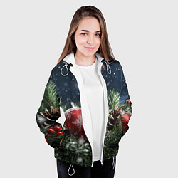 Куртка с капюшоном женская Новогодний шар и шишка, цвет: 3D-белый — фото 2