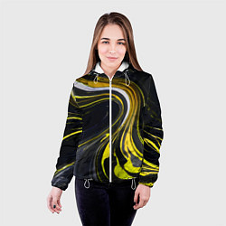 Куртка с капюшоном женская Волнистые бело-жёлтые линии на чёрном фоне, цвет: 3D-белый — фото 2