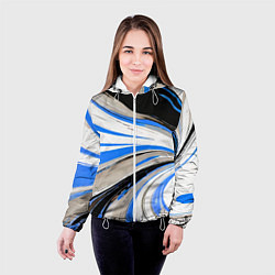 Куртка с капюшоном женская Волнистые бело-синие линии на чёрном фоне, цвет: 3D-белый — фото 2