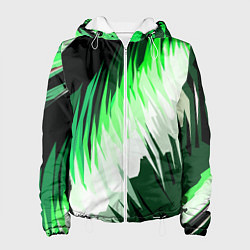 Куртка с капюшоном женская Зелёно-белая абстракция на чёрном фоне, цвет: 3D-белый