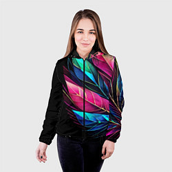Куртка с капюшоном женская Букет из цветных перьев - неон, цвет: 3D-черный — фото 2