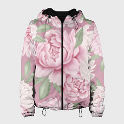 Куртка с капюшоном женская Нежные пионы на пыльно-розовом фоне, цвет: 3D-черный