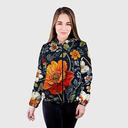 Куртка с капюшоном женская Маки и пионы старинный паттерн, цвет: 3D-черный — фото 2