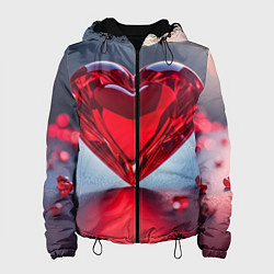 Куртка с капюшоном женская Хрустальное красное сердце на сером фоне с боке, цвет: 3D-черный