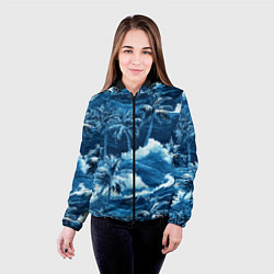 Куртка с капюшоном женская Пальмы и волны - голубые оттенки паттерн, цвет: 3D-черный — фото 2