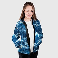 Куртка с капюшоном женская Пальмы и волны - голубые оттенки паттерн, цвет: 3D-черный — фото 2