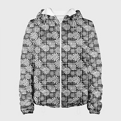Женская куртка Белые ромашки на клетчатом черно белом фоне