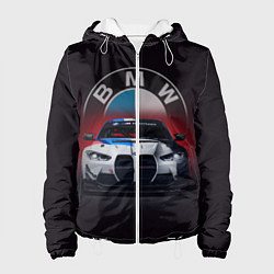 Куртка с капюшоном женская BMW на красном фоне, цвет: 3D-белый