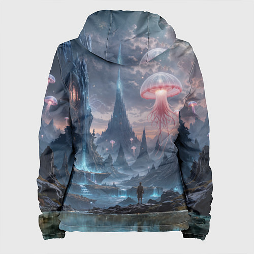 Женская куртка Фантастический мир с медузами и озеро у гор / 3D-Белый – фото 2