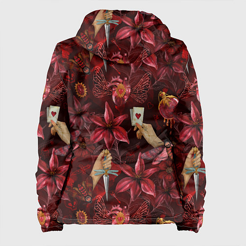 Женская куртка Бордовая готика с сердцем, лилиями и мотыльками / 3D-Белый – фото 2