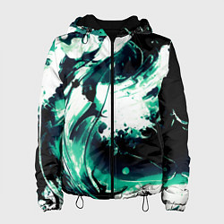 Куртка с капюшоном женская Чёрно-зелёный абстракция волна, цвет: 3D-черный