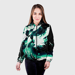 Куртка с капюшоном женская Чёрно-зелёный абстракция волна, цвет: 3D-черный — фото 2