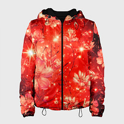 Куртка с капюшоном женская Цветочный красный с искрами, цвет: 3D-черный