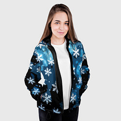 Куртка с капюшоном женская Стилизованный паттерн со снежинками тёмно-синий, цвет: 3D-черный — фото 2