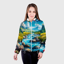 Куртка с капюшоном женская Пейзаж художественный горы речка камни, цвет: 3D-белый — фото 2