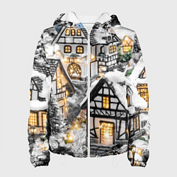 Куртка с капюшоном женская Объемные новогодние дома, цвет: 3D-белый