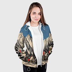 Куртка с капюшоном женская Небольшой новогодний город в горах, цвет: 3D-белый — фото 2