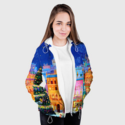 Куртка с капюшоном женская Разноцветные новогодние домики, цвет: 3D-белый — фото 2