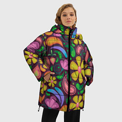 Куртка зимняя женская Летние цветы узор на темном, цвет: 3D-черный — фото 2