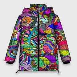 Куртка зимняя женская Дудлы узор разноцветный хиппи, цвет: 3D-черный