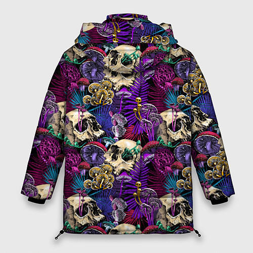 Женская зимняя куртка Психоделика - черепа и грибы / 3D-Черный – фото 2