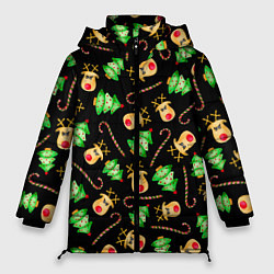 Куртка зимняя женская Олени, елки и карамель, цвет: 3D-черный