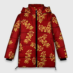 Куртка зимняя женская Золотые веточки на ярко красном фоне, цвет: 3D-черный