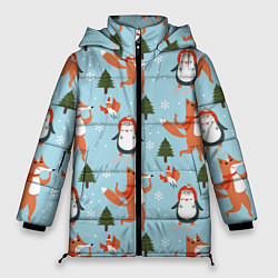 Куртка зимняя женская Лисята и пингвины Новый год 2022, цвет: 3D-красный