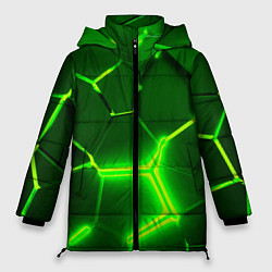 Куртка зимняя женская 3D ПЛИТЫ НЕОН NEON GREEN HEXAGON РАЗЛОМ, цвет: 3D-черный