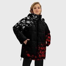 Куртка зимняя женская КРАСНО БЕЛЫЕ ИЕРОГЛИФЫ ЯПОНИЯ БРЫЗГИ, цвет: 3D-черный — фото 2