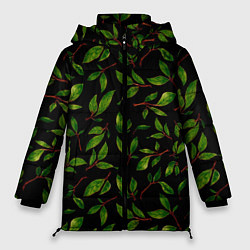 Женская зимняя куртка Яркие зеленые листья на черном фоне