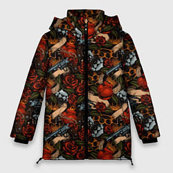 Куртка зимняя женская Кастеты, Пистолеты, Розы, Сердечки, цвет: 3D-черный
