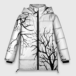 Куртка зимняя женская Черные ветки деревьев на белом фоне, цвет: 3D-светло-серый
