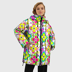 Куртка зимняя женская Цветочный ретро узор в неоновых тонах, цвет: 3D-красный — фото 2
