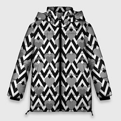 Женская зимняя куртка Черно белый узор зигзаг с сердцами и надписями Люб