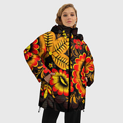 Куртка зимняя женская Хохломская Роспись Цветы На Тёмном Фоне, цвет: 3D-красный — фото 2