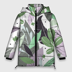 Куртка зимняя женская Зелёные, серые, голубые, сиреневые листья на белом, цвет: 3D-светло-серый