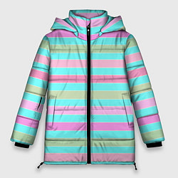Куртка зимняя женская Pink turquoise stripes horizontal Полосатый узор, цвет: 3D-черный