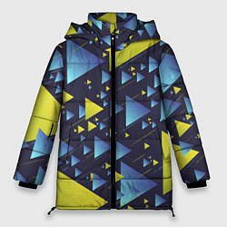 Женская зимняя куртка Абстракция Из Жёлтых и Синих Треугольников На Тёмн