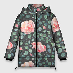 Куртка зимняя женская Розовые розы на сером фоне Цветы, цвет: 3D-черный