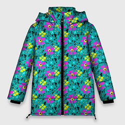 Женская зимняя куртка Яркий цветочный узор на бирюзовом фоне