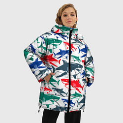 Куртка зимняя женская Стая разноцветных акул - паттерн, цвет: 3D-красный — фото 2