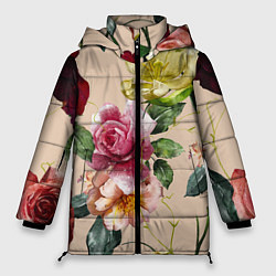 Женская зимняя куртка Цветы Нарисованные Красные Розы и Лилии