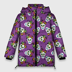 Женская зимняя куртка Сахарные черепа на фиолетовом паттерн