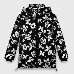 Куртка зимняя женская Белые цветы на чёрном фоне Белые цветы на чёрном ф, цвет: 3D-красный
