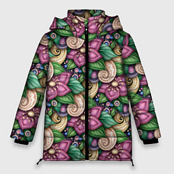 Куртка зимняя женская Объемные цветы и листья, цвет: 3D-красный