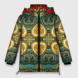 Куртка зимняя женская Золотые узоры на бирюзовом фоне, цвет: 3D-красный